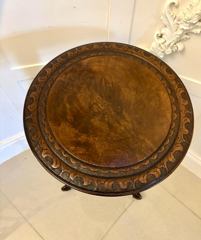 Antique Victorian Quality Carved Burr Walnut Circular Lamp Table - Image 5